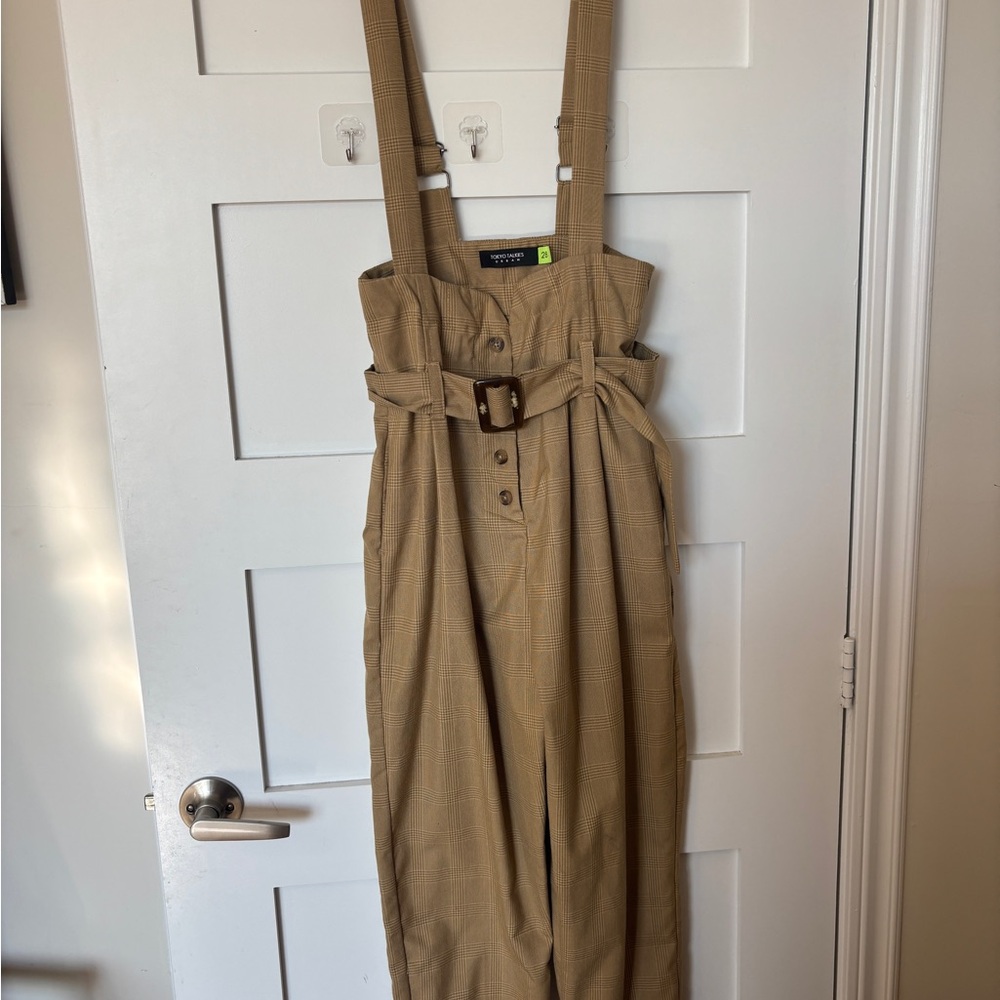 Urban Outfitters Tan Plaid Button-Front Suspender Jumpsuit